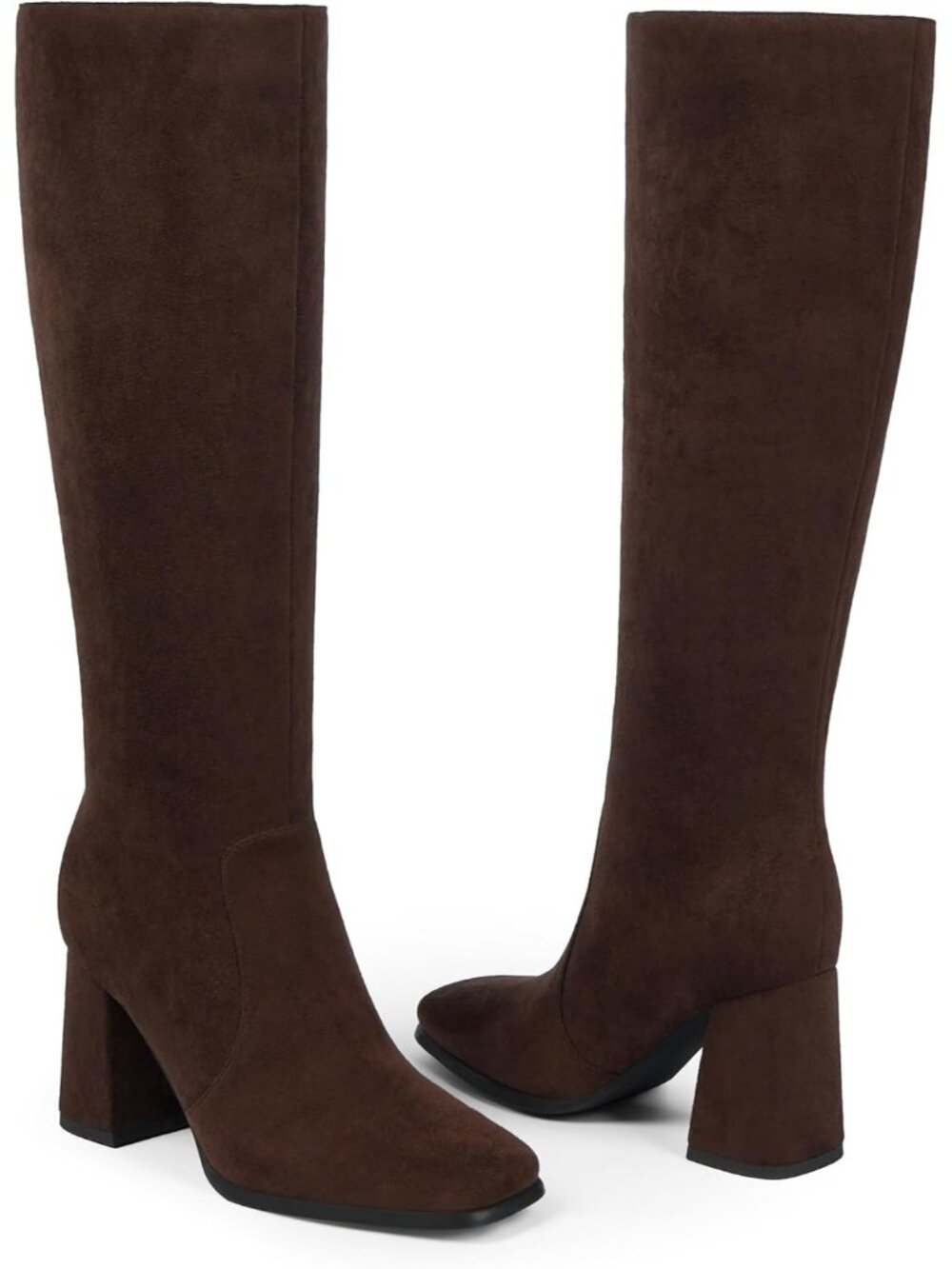 Women's Dark Brown Suede Square Toe Chunky Heel Knee High Tall Gogo Boot Shoes - Picture 6 of 6